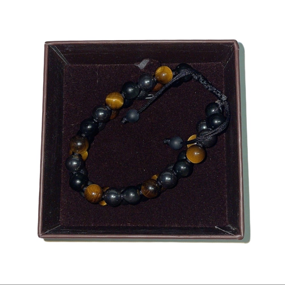NWT / NIB Haskare Bracelet - Adjustable - Gold, Brown and Black Stones - Picture 2 of 14